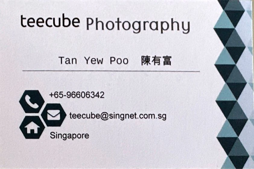 Business card for Tan Yew Poo, teecube Photography — phone +65 9660 6342, email teecube@singnet.com.sg, Singapore
